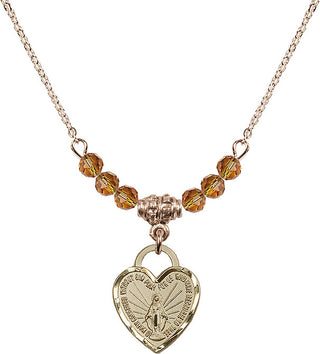 18" Hamilton Gold Plated Necklace with 4mm Topaz Crystal Beads featuring a 14kt Gold Filled Miraculous Heart Medal. Engraved Catholic Saint Jewelry