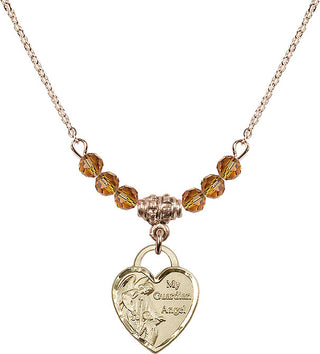 18" Hamilton Gold Plated Necklace with 4mm Topaz Crystal Beads featuring a 14kt Gold Filled Guardian Angel Heart Medal. Engraved Catholic Saint Jewelry