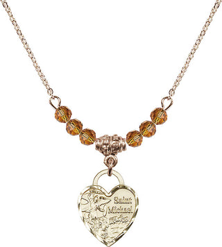 18" Hamilton Gold Plated Necklace with 4mm Topaz Crystal Beads featuring a 14kt Gold Filled Saint Michael Heart Medal. Engraved Catholic Saint Jewelry