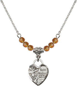 18" Rhodium Plated Necklace with 4mm Topaz Crystal Beads featuring a Sterling Silver Saint Michael Heart Medal. Engraved Catholic Saint Jewelry