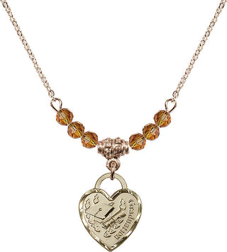 18" Hamilton Gold Plated Necklace with 4mm Topaz Crystal Beads featuring a 14kt Gold Filled Graduation Heart Medal. Engraved Catholic Saint Jewelry
