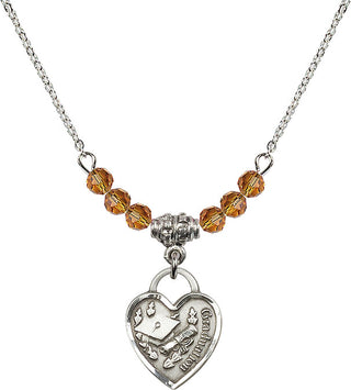 18" Rhodium Plated Necklace with 4mm Topaz Crystal Beads featuring a Sterling Silver Graduation Heart Medal. Engraved Catholic Saint Jewelry