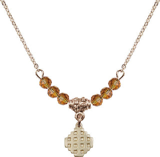 18" Hamilton Gold Plated Necklace with 4mm Topaz Crystal Beads featuring a 14kt Gold Filled Jerusalem Cross Medal.