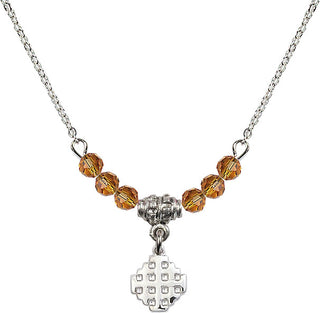 18" Rhodium Plated Necklace with 4mm Topaz Crystal Beads featuring a Sterling Silver Jerusalem Cross Medal.