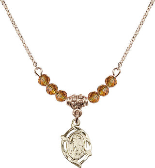 18" Hamilton Gold Plated Necklace with 4mm Topaz Crystal Beads featuring a 14kt Gold Filled Guardian Angel Medal.