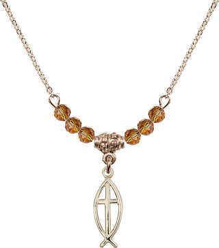 18" Hamilton Gold Plated Necklace with 4mm Topaz Crystal Beads featuring a 14kt Gold Filled Fish / Cross Medal.