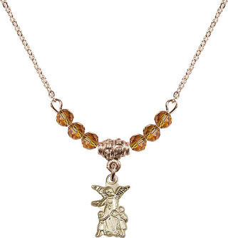 18" Hamilton Gold Plated Necklace with 4mm Topaz Crystal Beads featuring a 14kt Gold Filled Guardian Angel Medal.