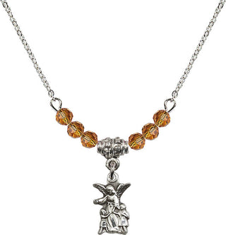18" Rhodium Plated Necklace with 4mm Topaz Crystal Beads featuring a Sterling Silver Guardian Angel Medal.