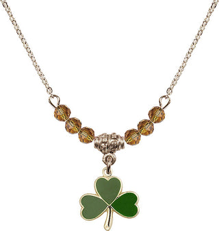 18" Hamilton Gold Plated Necklace with 4mm Topaz Crystal Beads featuring a 14kt Gold Filled Shamrock Medal.