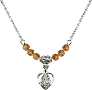 18" Rhodium Plated Necklace with 4mm Topaz Crystal Beads featuring a Sterling Silver Scapular Medal.