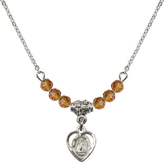 18" Rhodium Plated Necklace with 4mm Topaz Crystal Beads featuring a Sterling Silver Infant Medal. Engraved Catholic Saint Jewelry