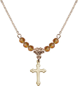 18" Hamilton Gold Plated Necklace with 4mm Topaz Crystal Beads featuring a 14kt Gold Filled Cross Medal.