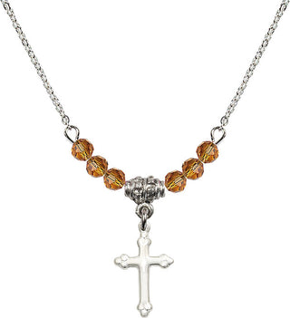 18" Rhodium Plated Necklace with 4mm Topaz Crystal Beads featuring a Sterling Silver Cross Medal.