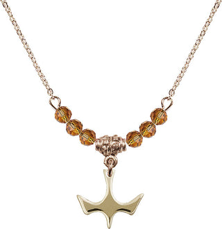 18" Hamilton Gold Plated Necklace with 4mm Topaz Crystal Beads featuring a 14kt Gold Filled Holy Spirit Medal.