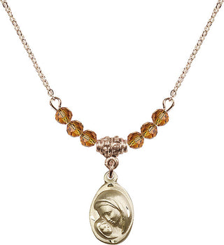 18" Hamilton Gold Plated Necklace with 4mm Topaz Crystal Beads featuring a 14kt Gold Filled Madonna & Child Medal.