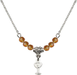 18" Rhodium Plated Necklace with 4mm Topaz Crystal Beads featuring a Sterling Silver Chalice Medal.