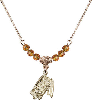 18" Hamilton Gold Plated Necklace with 4mm Topaz Crystal Beads featuring a 14kt Gold Filled Guardian Angel Medal.