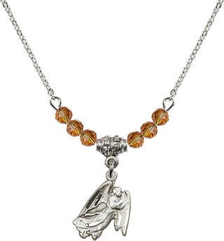 18" Rhodium Plated Necklace with 4mm Topaz Crystal Beads featuring a Sterling Silver Guardian Angel Medal.