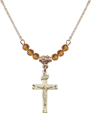 18" Hamilton Gold Plated Necklace with 4mm Topaz Crystal Beads featuring a 14kt Gold Filled Crucifix Medal.