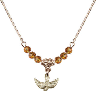 18" Hamilton Gold Plated Necklace with 4mm Topaz Crystal Beads featuring a 14kt Gold Filled Holy Spirit Medal.