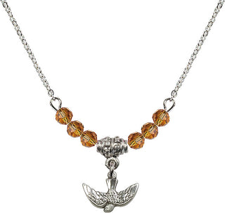 18" Rhodium Plated Necklace with 4mm Topaz Crystal Beads featuring a Sterling Silver Holy Spirit Medal.