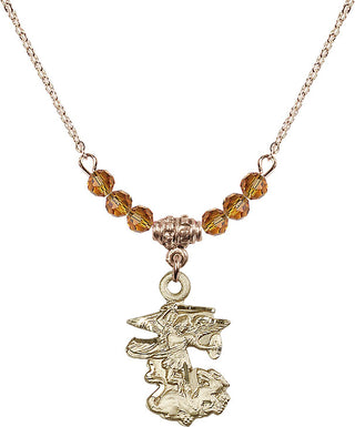18" Hamilton Gold Plated Necklace with 4mm Topaz Crystal Beads featuring a 14kt Gold Filled Saint Michael the Archangel Medal.