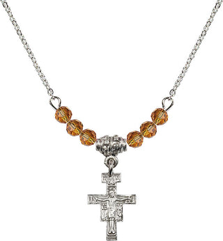 18" Rhodium Plated Necklace with 4mm Topaz Crystal Beads featuring a Sterling Silver San Damiano Crucifix Medal.