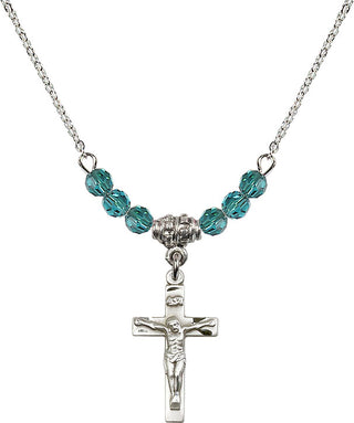 18" Rhodium Plated Necklace with 4mm Zircon Crystal Beads featuring a Sterling Silver Crucifix Medal.