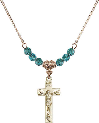 18" Hamilton Gold Plated Necklace with 4mm Zircon Crystal Beads featuring a 14kt Gold Filled Crucifix Medal.