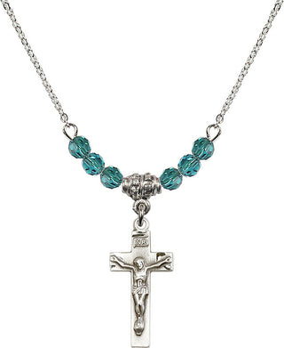18" Rhodium Plated Necklace with 4mm Zircon Crystal Beads featuring a Sterling Silver Crucifix Medal.