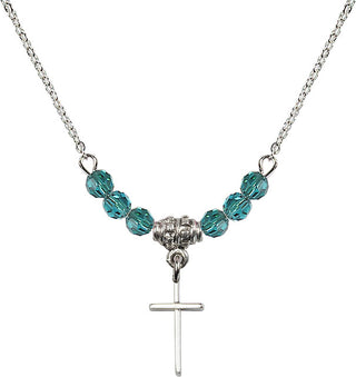 18" Rhodium Plated Necklace with 4mm Zircon Crystal Beads featuring a Sterling Silver Cross Medal.
