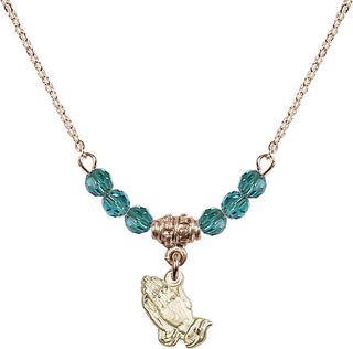 18" Hamilton Gold Plated Necklace with 4mm Zircon Crystal Beads featuring a 14kt Gold Filled Praying Hands Medal.