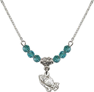 18" Rhodium Plated Necklace with 4mm Zircon Crystal Beads featuring a Sterling Silver Praying Hands Medal.