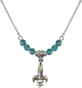 18" Rhodium Plated Necklace with 4mm Zircon Crystal Beads featuring a Sterling Silver Fleur de Lis Medal.
