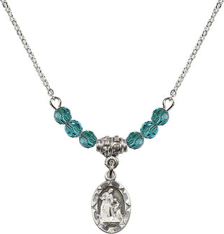 18" Rhodium Plated Necklace with 4mm Zircon Crystal Beads featuring a Sterling Silver Saint Ann Medal.