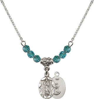 18" Rhodium Plated Necklace with 4mm Zircon Crystal Beads featuring a Sterling Silver Our Lady of Guadalupe Medal.
