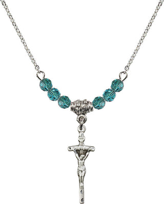 18" Rhodium Plated Necklace with 4mm Zircon Crystal Beads featuring a Sterling Silver Papal Crucifix Medal.