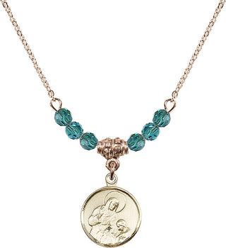 18" Hamilton Gold Plated Necklace with 4mm Zircon Crystal Beads featuring a 14kt Gold Filled Saint Ann Medal. Engraved Catholic Saint Jewelry