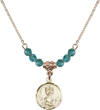 18" Hamilton Gold Plated Necklace with 4mm Zircon Crystal Beads featuring a 14kt Gold Filled Saint Christopher Medal. Engraved Catholic Saint Jewelry