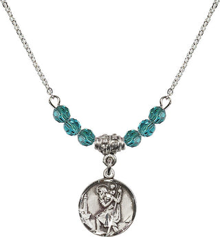 18" Rhodium Plated Necklace with 4mm Zircon Crystal Beads featuring a Sterling Silver Saint Christopher Medal. Engraved Catholic Saint Jewelry