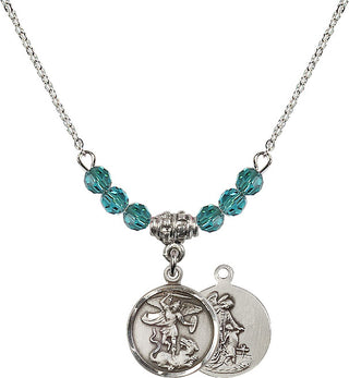 18" Rhodium Plated Necklace with 4mm Zircon Crystal Beads featuring a Sterling Silver Saint Michael the Archangel Medal.