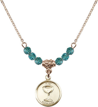 18" Hamilton Gold Plated Necklace with 4mm Zircon Crystal Beads featuring a 14kt Gold Filled Communion Medal. Engraved Catholic Saint Jewelry