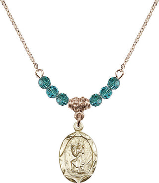 18" Hamilton Gold Plated Necklace with 4mm Zircon Crystal Beads featuring a 14kt Gold Filled Saint Christopher Medal. Engraved Catholic Saint Jewelry