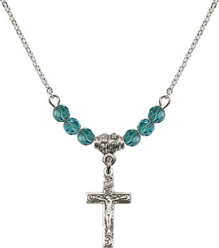 18" Rhodium Plated Necklace with 4mm Zircon Crystal Beads featuring a Sterling Silver Crucifix Medal.