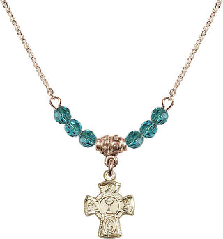18" Hamilton Gold Plated Necklace with 4mm Zircon Crystal Beads featuring a 14kt Gold Filled 5-Way / Chalice Medal.