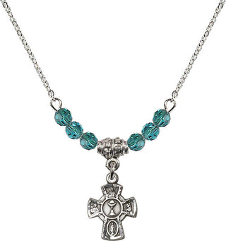 18" Rhodium Plated Necklace with 4mm Zircon Crystal Beads featuring a Sterling Silver 5-Way / Chalice Medal.