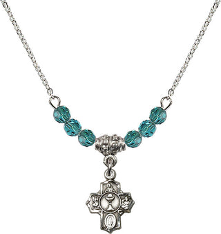 18" Rhodium Plated Necklace with 4mm Zircon Crystal Beads featuring a Sterling Silver Communion 5-Way Medal.