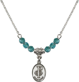 18" Rhodium Plated Necklace with 4mm Zircon Crystal Beads featuring a Sterling Silver Matrimony Medal.