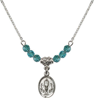 18" Rhodium Plated Necklace with 4mm Zircon Crystal Beads featuring a Sterling Silver Chalice Medal.