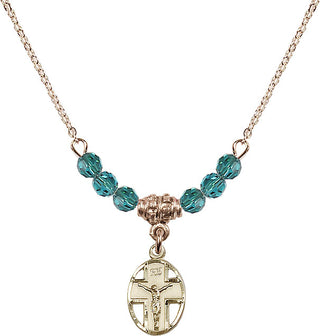 18" Hamilton Gold Plated Necklace with 4mm Zircon Crystal Beads featuring a 14kt Gold Filled Crucifix Medal.
